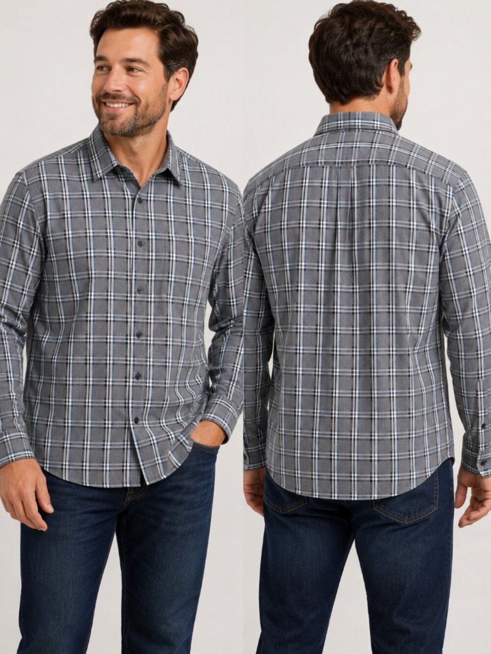 DH3 Men's Plaid Button-Up Shirt Size Medium Gray Blue Short Sleeve Casual